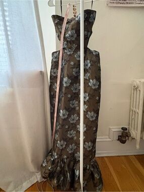 Strapless Brown Floral Maxi Dress with Ruffle Hem